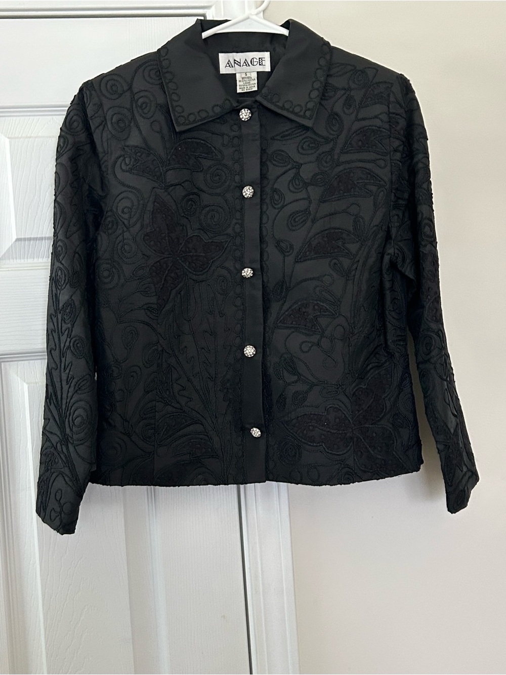 Anage Black Embroidered Button-Front Shirt with Rhinestone Buttons
